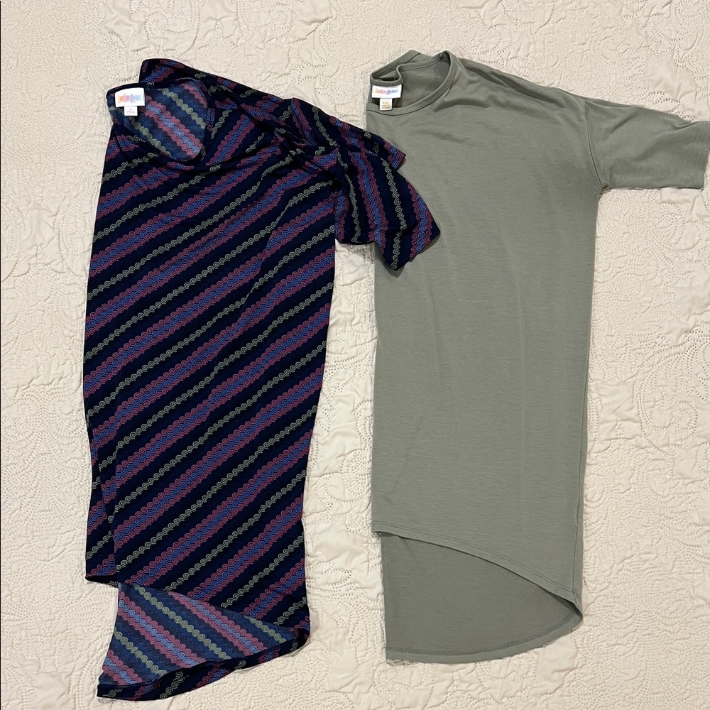2 LuLaRoe Tops with Pink, Blue & Sage Swirl Stripes